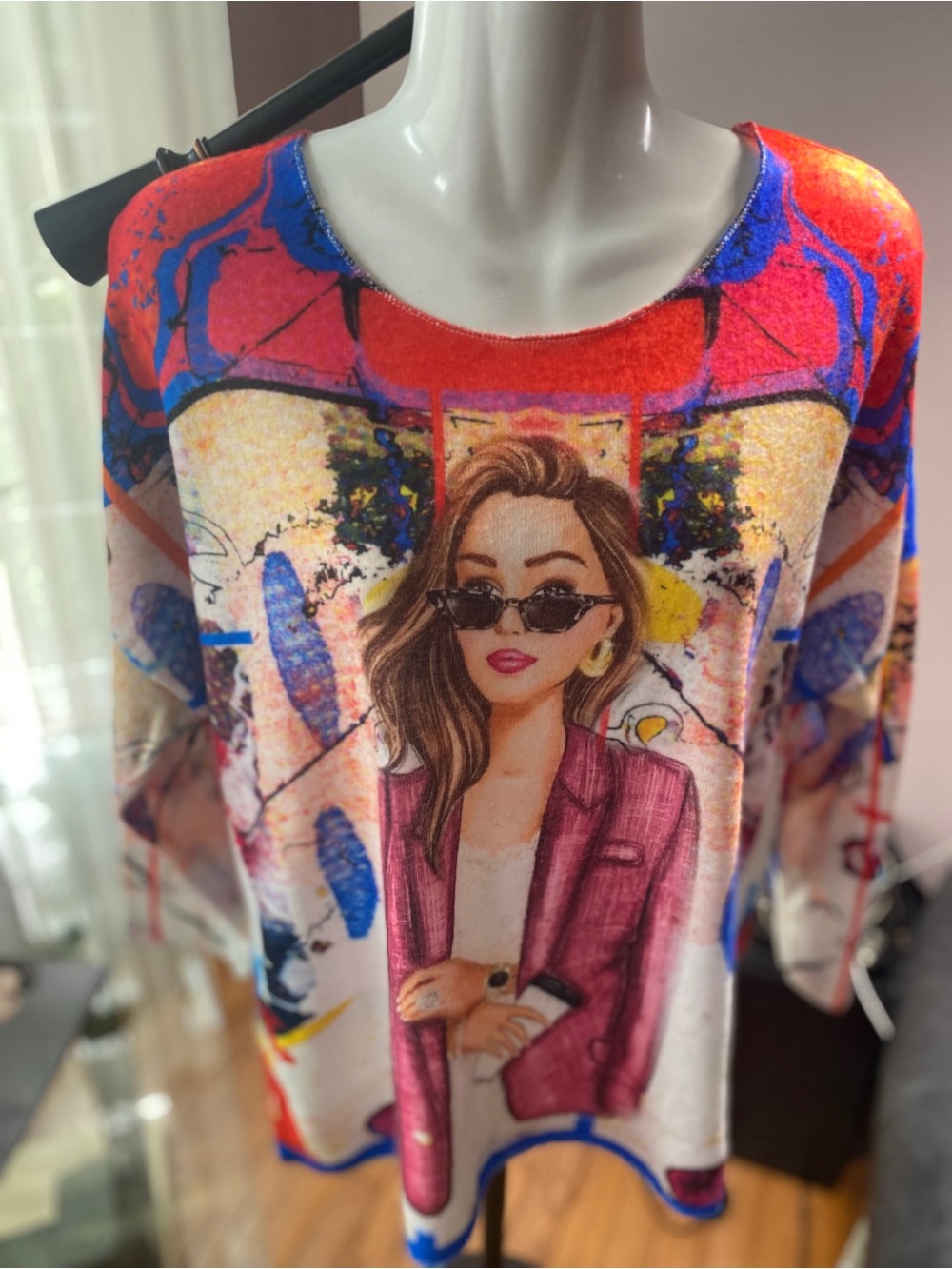 Via Vitale made in Italy Graphic Pop Art Woman Sweater in Bright Multicolor XL - Picture 3 of 11